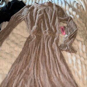 Size small blush, shiny flowy mock neck midi dress